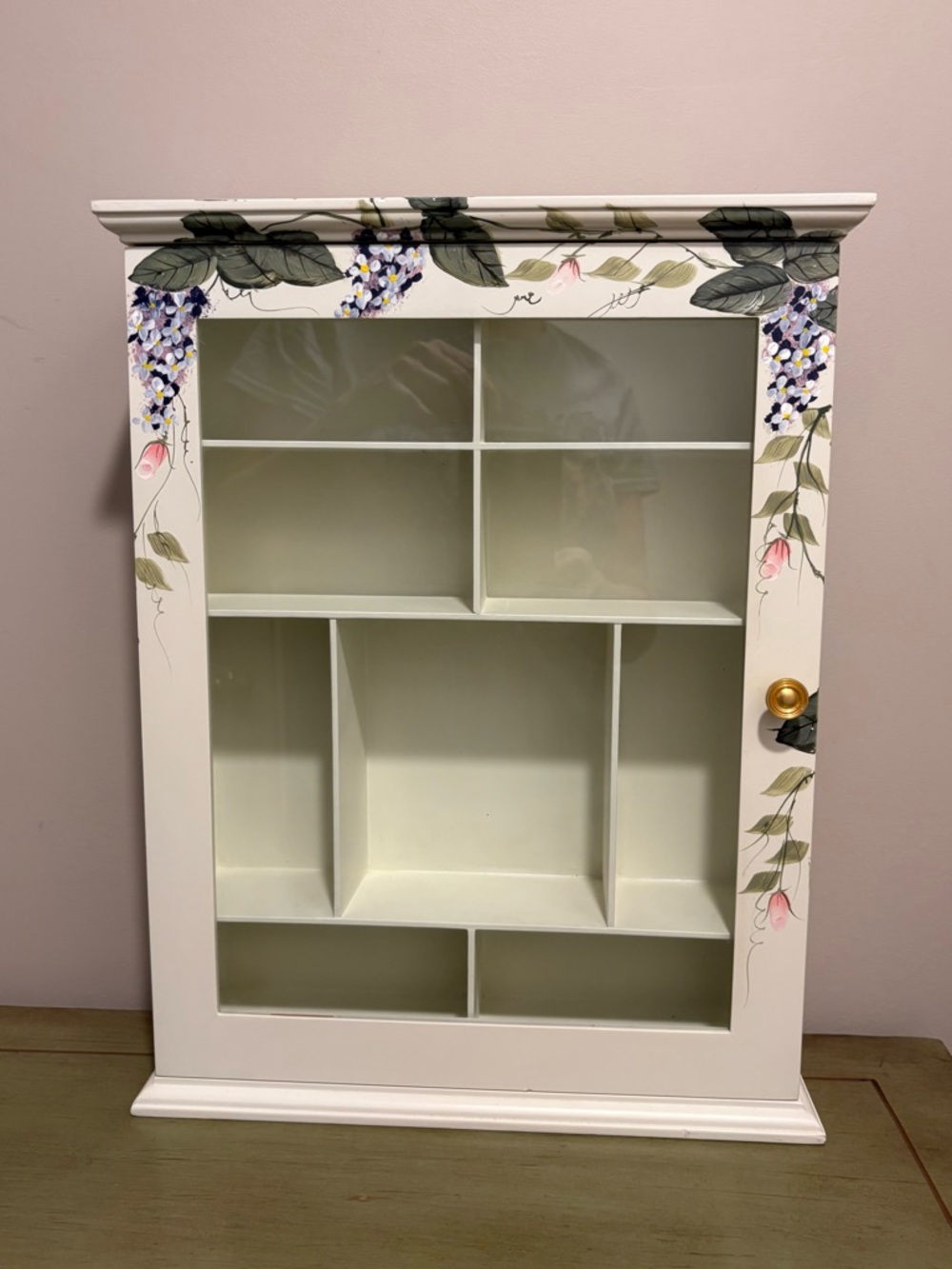 Hand-Painted White Display Cabinet with Floral Accents